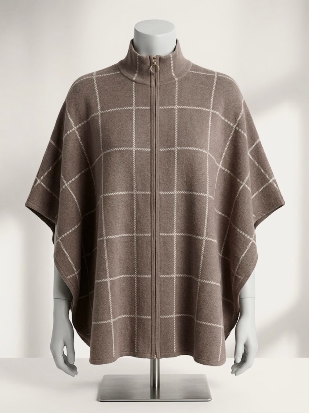 Title: Tahari Plaid Zip Front Poncho Cape Sweater Gold Ring Pull Beige Taupe S/M